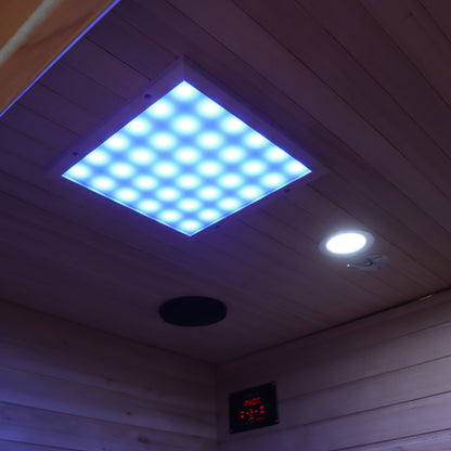 Square LED light fixture on a wooden ceiling