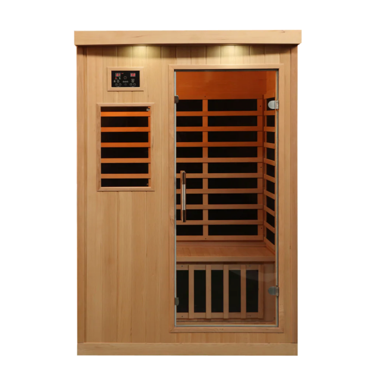 Wooden sauna with glass door on a white background