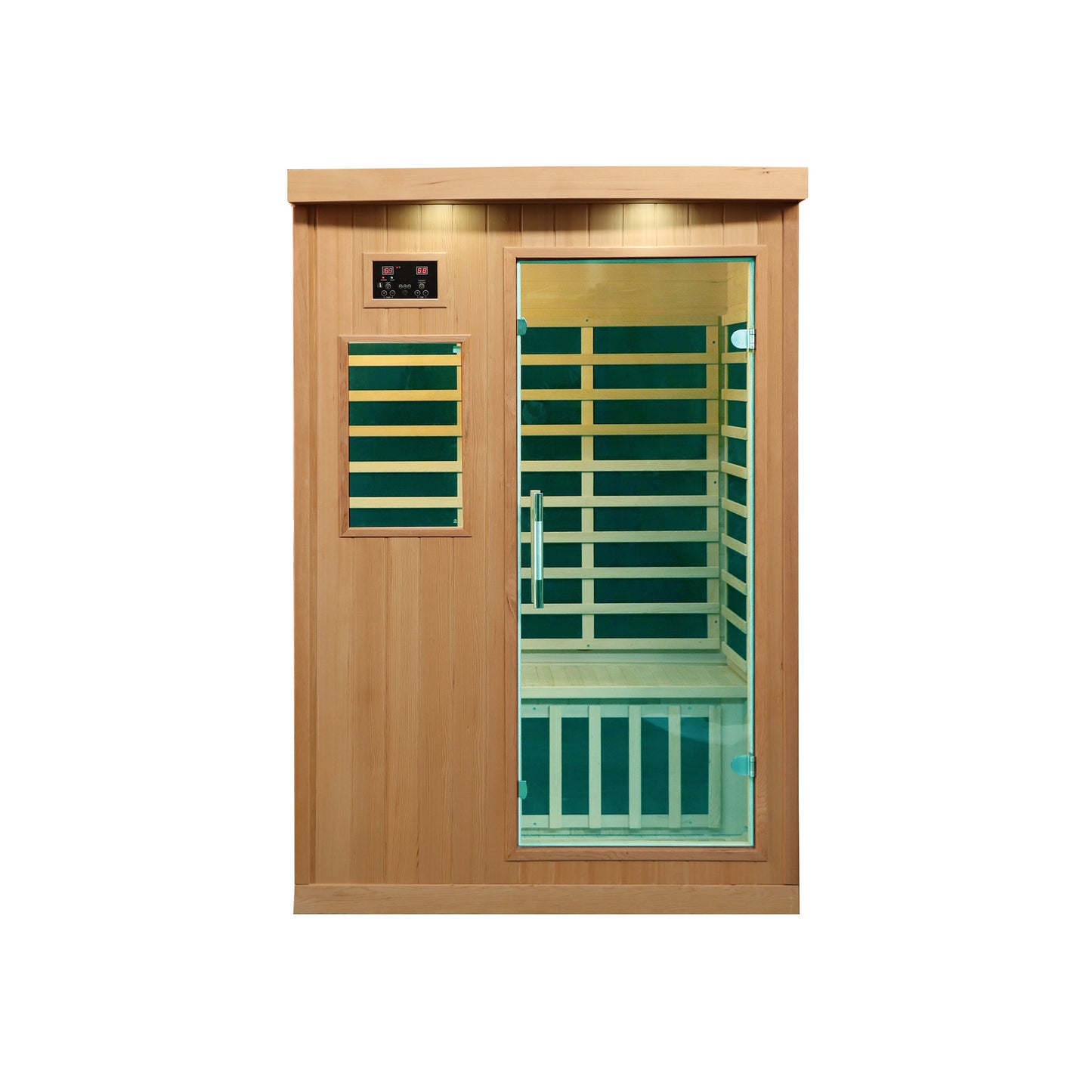 Wooden sauna with glass door on a white background