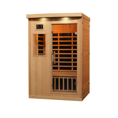 Wooden sauna with glass door on a white background